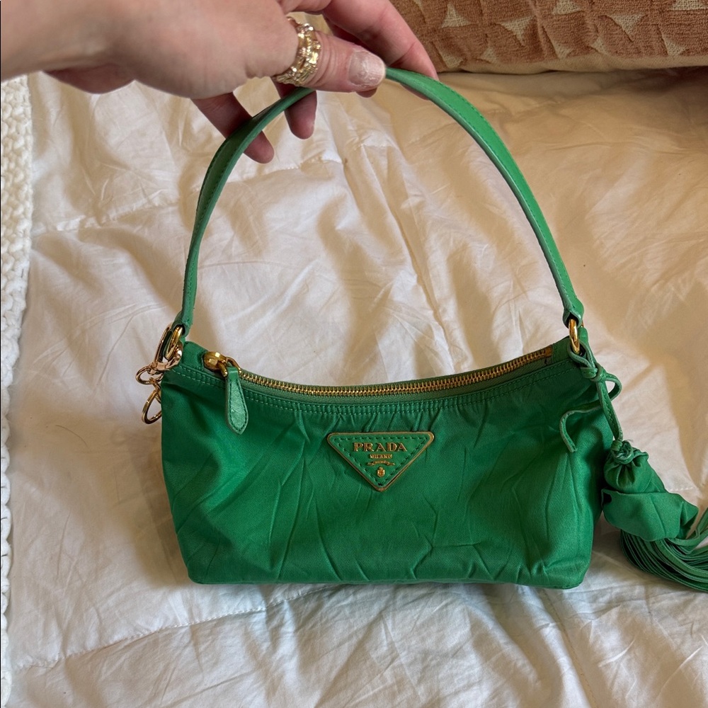 Prada Green Nylon Shoulder Bag with Gold Hardware and Tassel